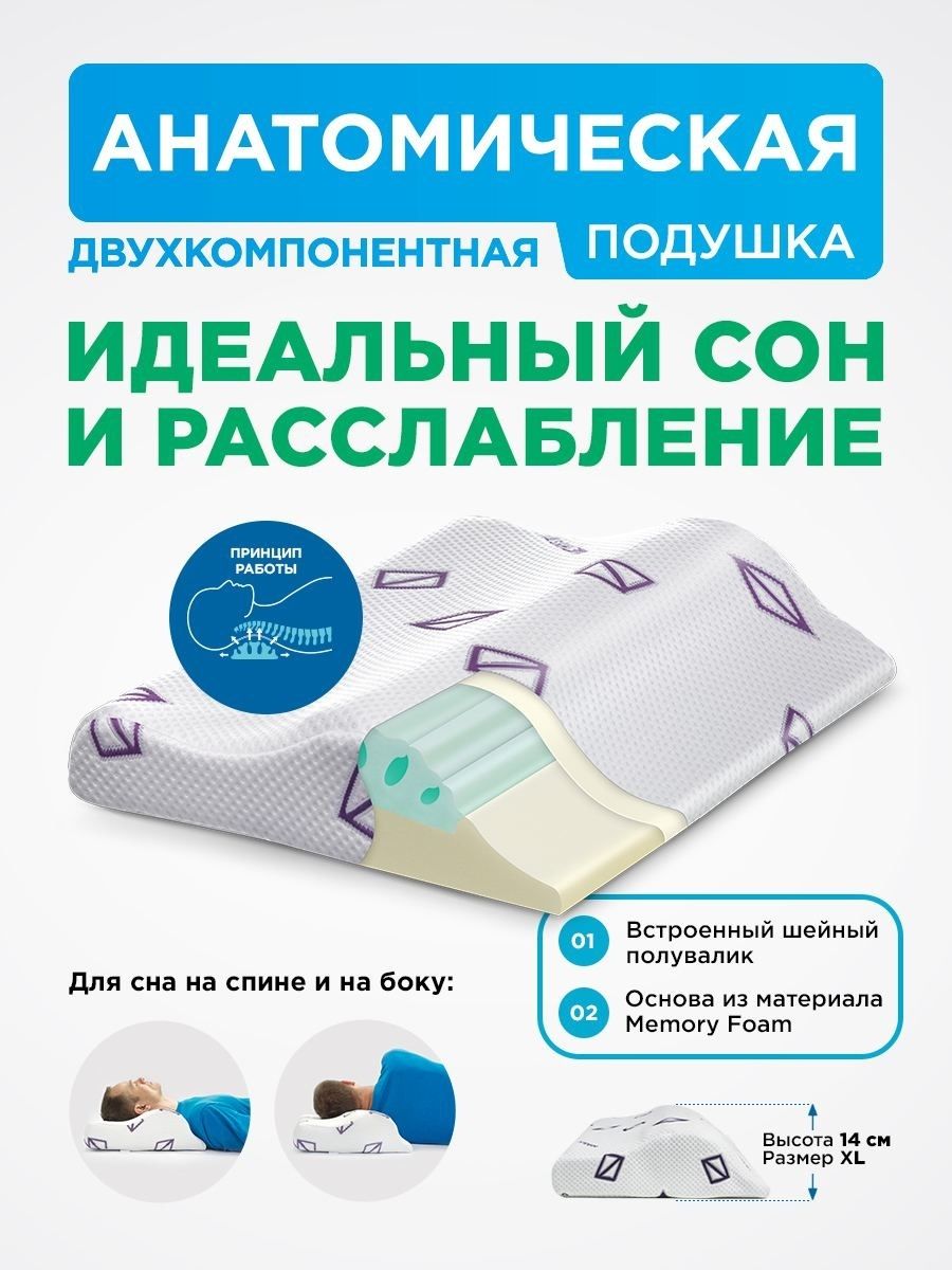 ПОДУШКА ДЛЯ СНА DETENSOR C ЭФФЕКТОМ ПАМЯТИ, РАЗМЕР XL (ВЫСОТА 14 СМ) фото